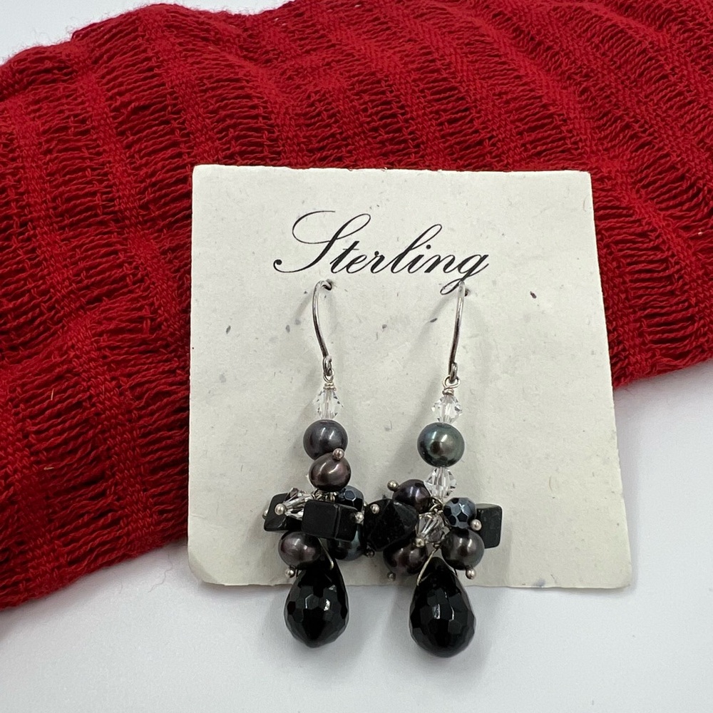 New Sterling Silver Black Onyx, Quartz & Charcoal Pearl Cluster Earrings